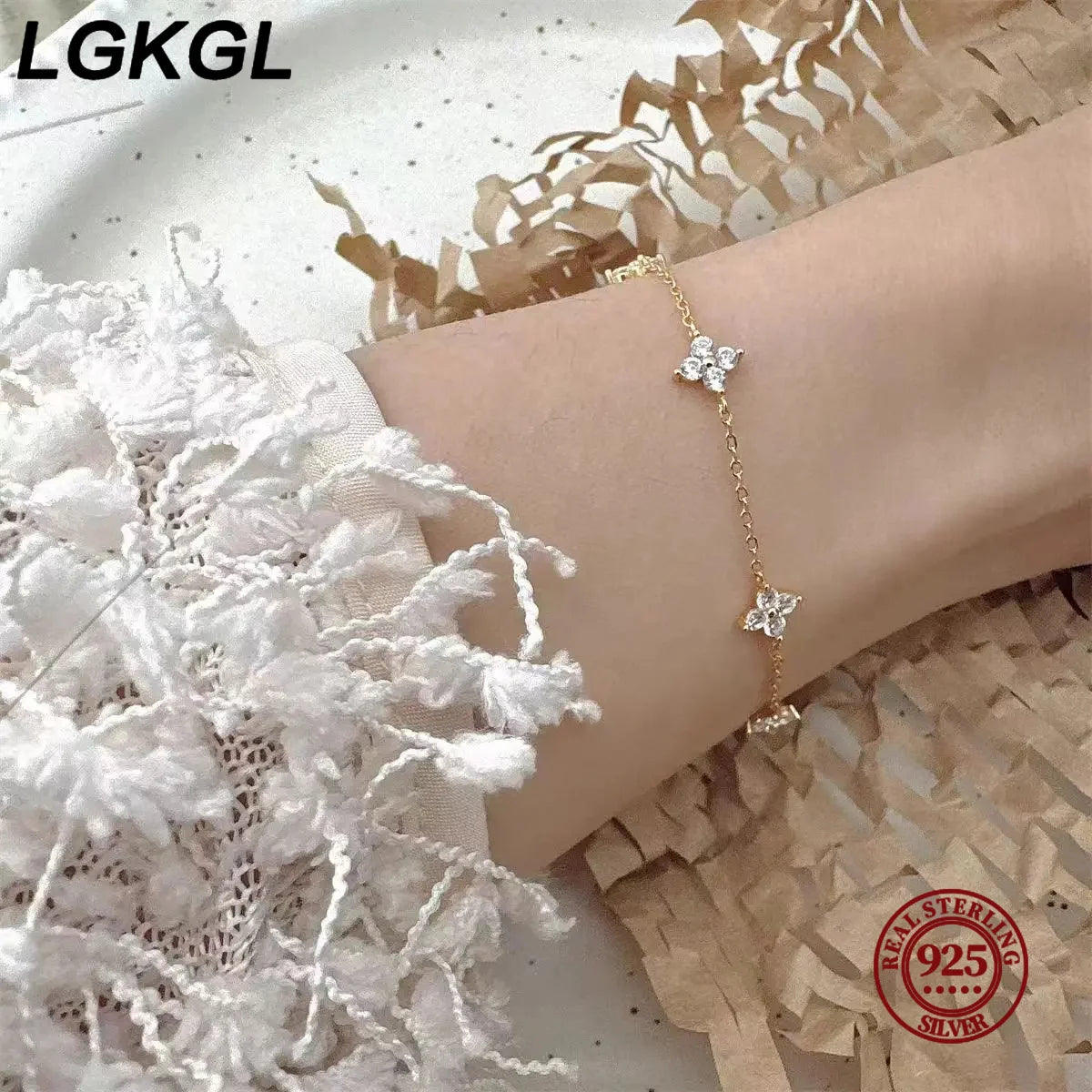 925 Sterling Silver Four-Leaf Clover Zircon Starry 18K Gold Bracelets Women'S Commuting Adjustable Chains Bracelet Jewelry
