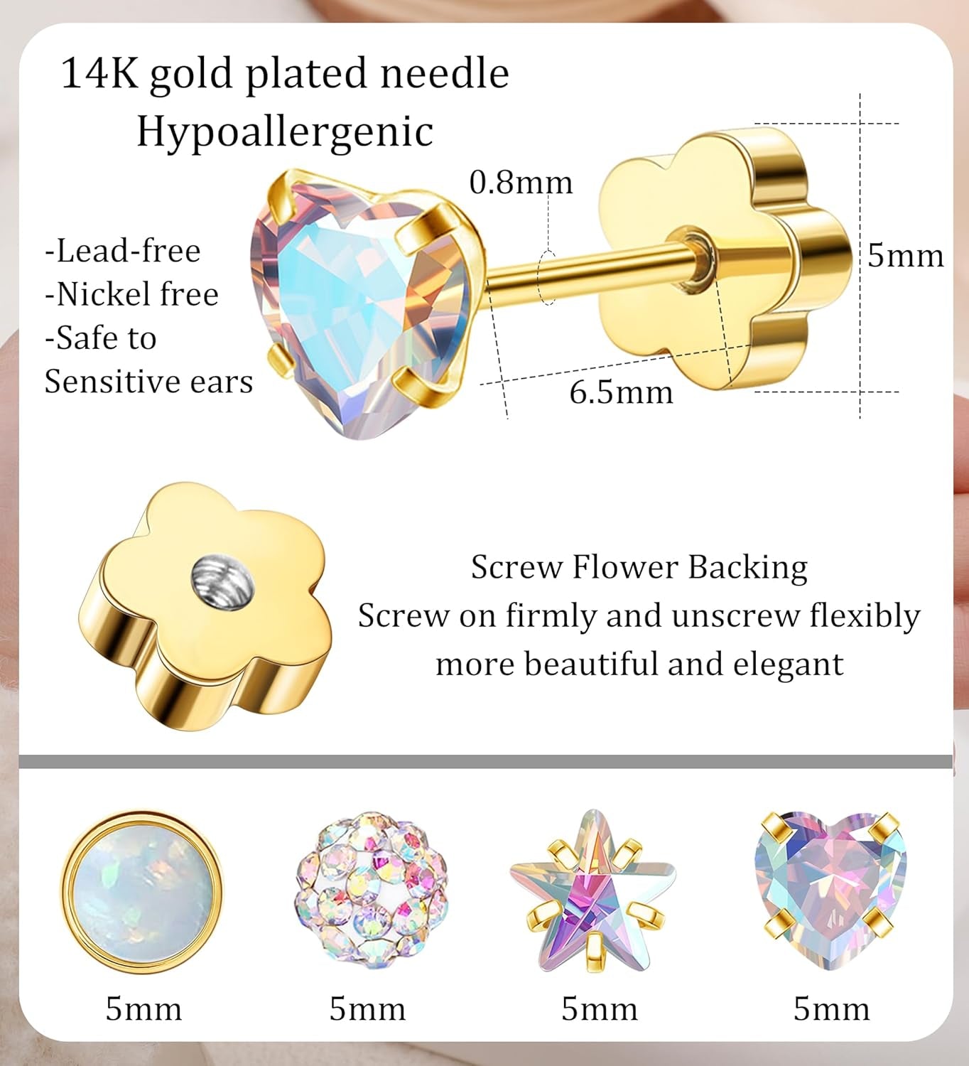 4Pairs Hypoallergenic Flat Back Earrings for Women 14K Gold Cartilage Earring Fo