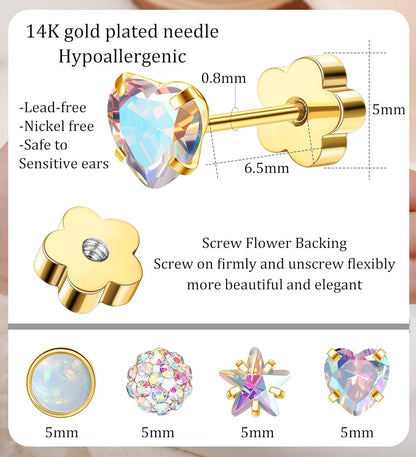 4Pairs Hypoallergenic Flat Back Earrings for Women 14K Gold Cartilage Earring Fo