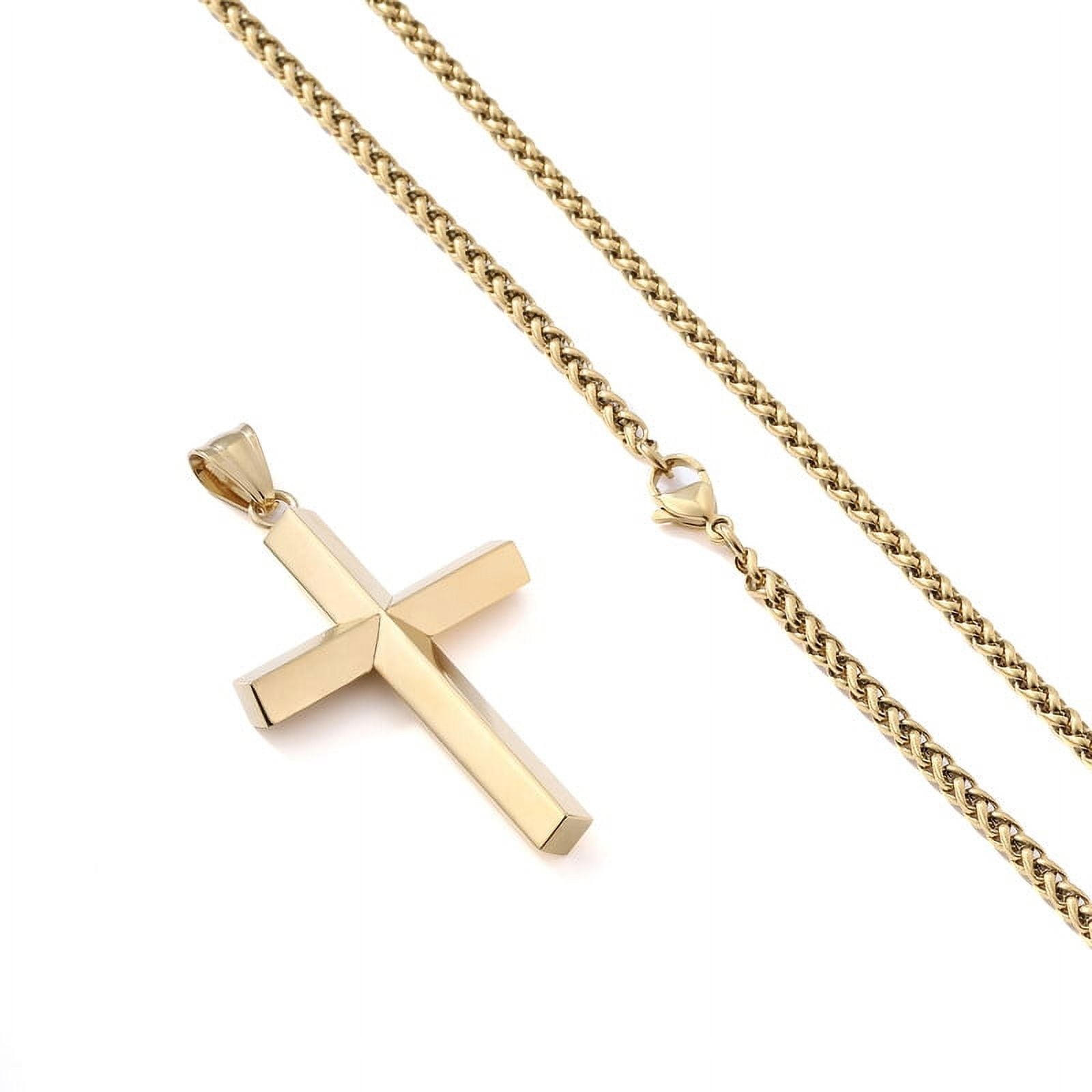 Beveled Edge Gold Cross Necklaces for Men Boys Stainless Steel Cross Pendant Chain Religious Christian Graduation Birthday Jewelry Gifts Ideas Dad Husband Son Teen Teenage Kids Age 24 Inch
