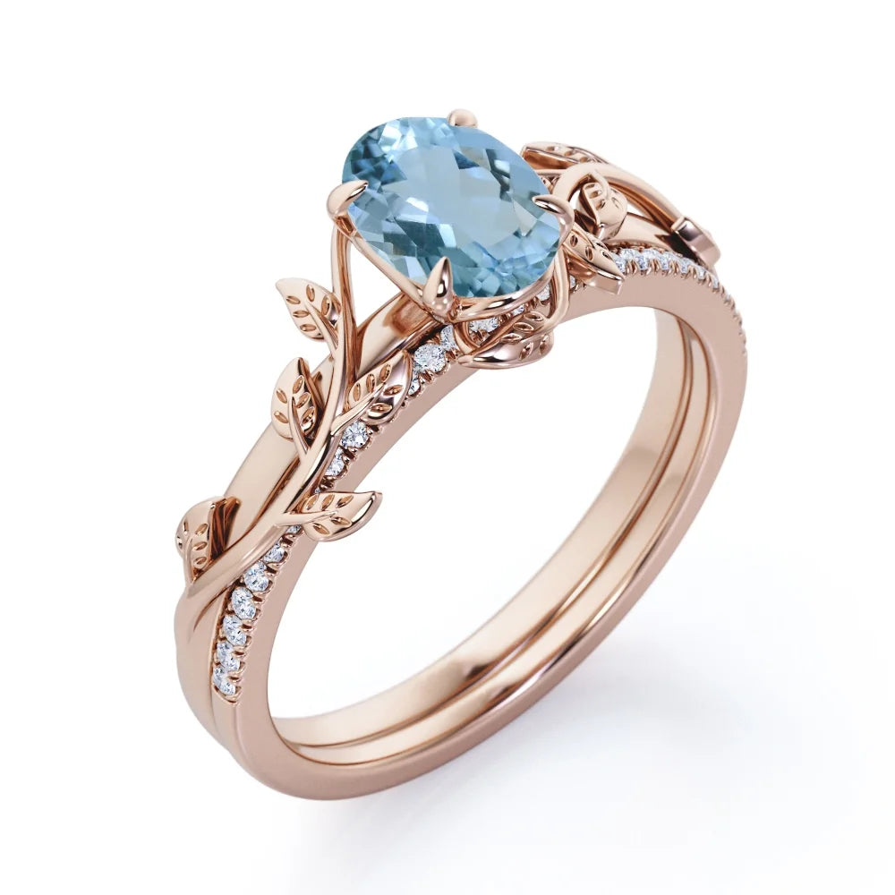 Prong Setting 1.5 Carat Ovate Brazilian Created Aquamarine and Moissanite Leaf Design Wedding Ring Set in 18K Rose Gold Plating over Silver