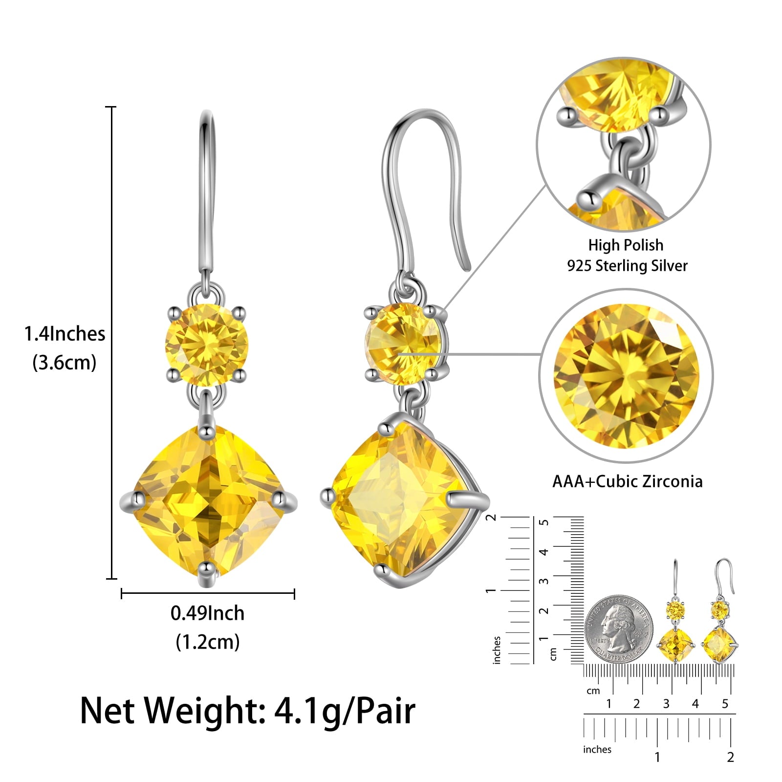 Long Drop Women Earring Citrine November Birthstone Earrings Sterling Silver Yellow Jewelry Mom Birthday Christmas Thanksgiving Gift