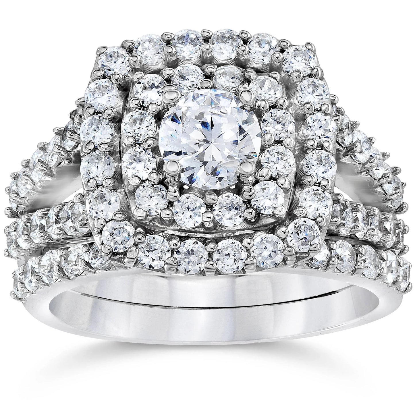 Pompeii 2 Cttw Diamond Cushion Double Halo Engagement Wedding Ring Set 10K White Gold