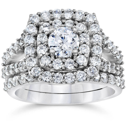 Pompeii 2 Cttw Diamond Cushion Double Halo Engagement Wedding Ring Set 10K White Gold