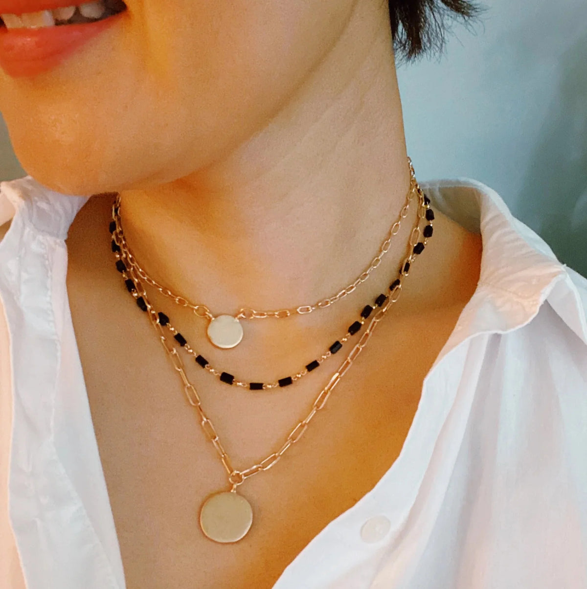 Disc & Beaded Chain Necklace Set of 3