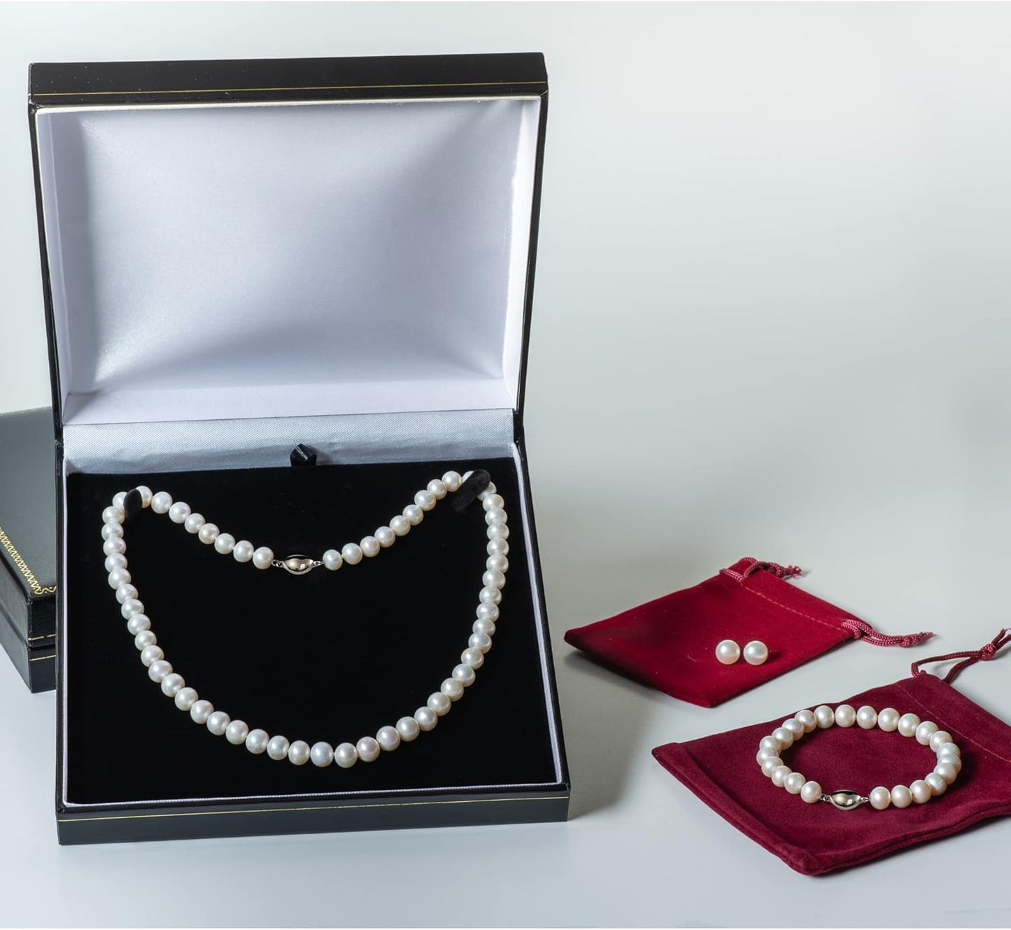 ROUND Real Pearl Necklace Set for Women Bracelet Stud Earrings Ivory Beige Cream White Pearl Jewelry Set Men Cultured Freshwater Wedding