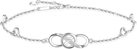 Infinity Ankle Bracelet for Women, 925 Sterling Silver Charm Adjustable Anklet, Large Bracelet Fine Jewelry Mothers Day Gifts White Gold/Rose Gold Plated