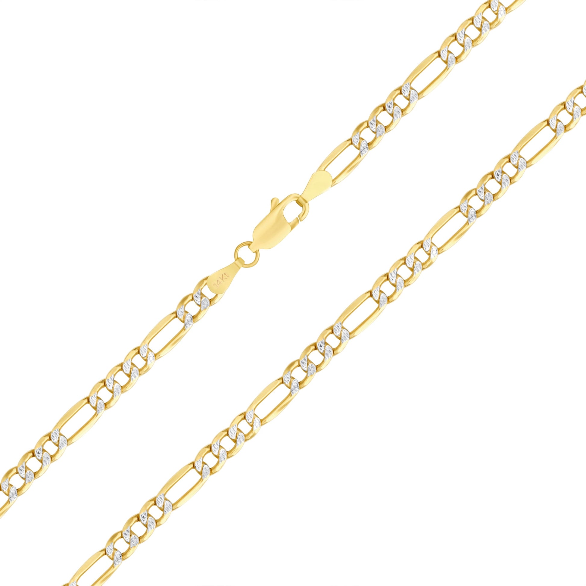 14K Real Yellow Gold Figaro Link 4.5Mm Diamond Cut Pave Chain Bracelet (7"-9") Two Tone Italian Jewelry for Men & Women