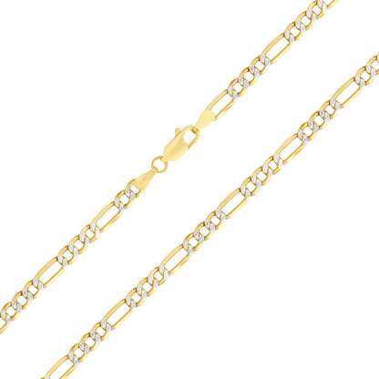 14K Real Yellow Gold Figaro Link 4.5Mm Diamond Cut Pave Chain Bracelet (7"-9") Two Tone Italian Jewelry for Men & Women