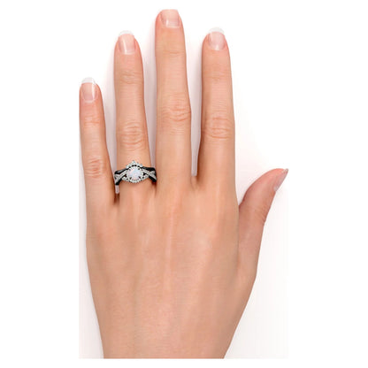 1.15 Carat Vintage round Cut Blue Lab Created Opal and Moissanite Wedding Ring Set in 18K Black Gold over Silver
