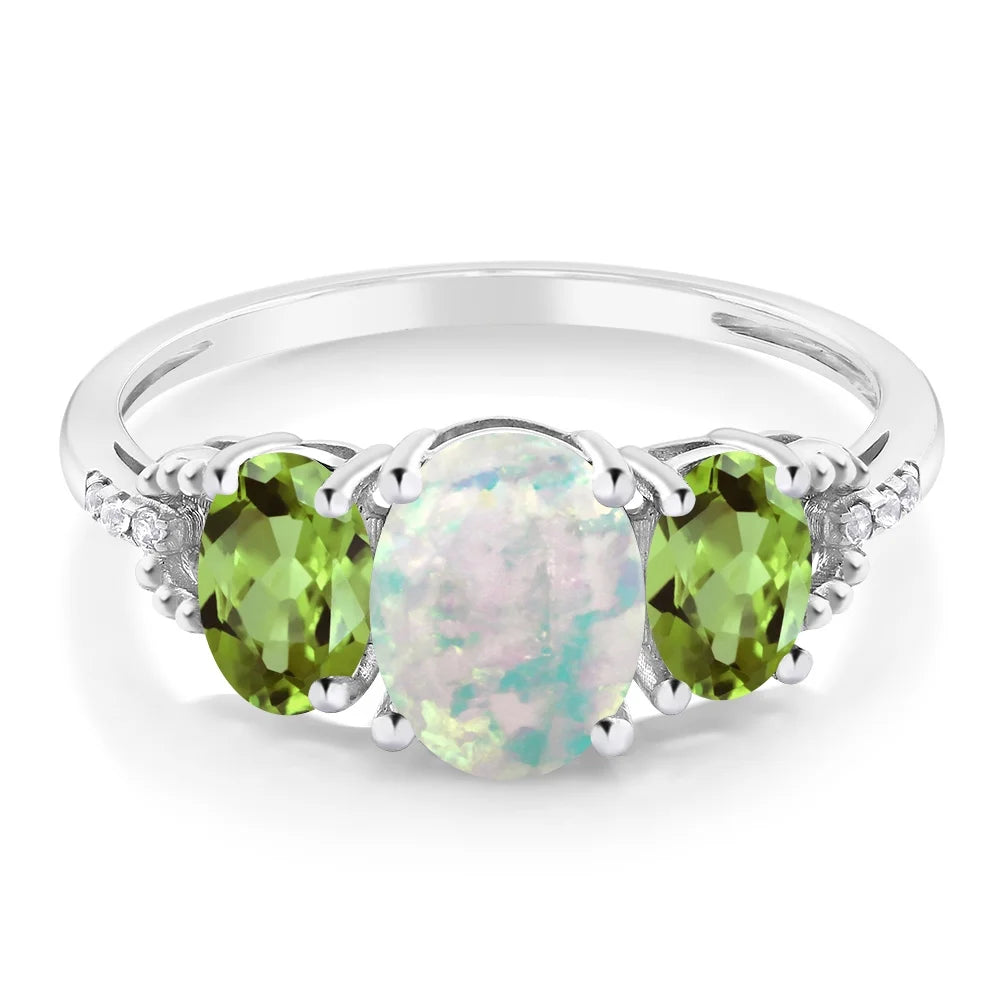2.10 Cttw 10K White Gold Cabochon White Simulated Opal Green Peridot and Diamond Accent Three-Stone Engagement Ring for Women | Three Stone Wedding Anniversary Promise Ring