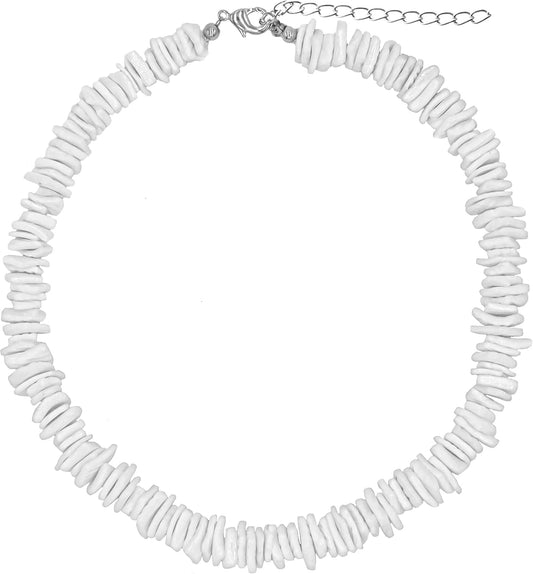White Puka Shell Necklace, Hawaiian Seashell Necklace for Men, VSCO Girl Beach Necklaces for Women, Beachy Beaded Summer Pooka Choker, Heishi Clam Chips Surfer Jewelry