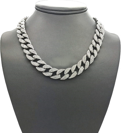 Men’S Iced Out Hip-Hop Silver Tone Bling Bling Rappers Cuban Link Chain Choker Necklace - CN2020