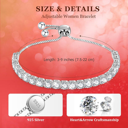 Silver Bracelet, S925 Tennis Bracelet with Sparkling 5A Cubic Zirconia Silver Bracelets for Women Adjustable Bracelet for Women Bracelets Womens Bracelet Women Gifts for Women Mom