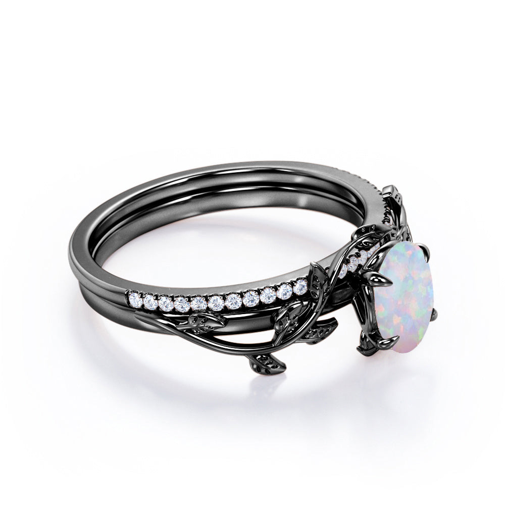Prong Setting 1.5 Carat Ovate Rainbow Opal and Moissanite Leaf Design Wedding Ring Set in 18K Black Gold Plating over Silver