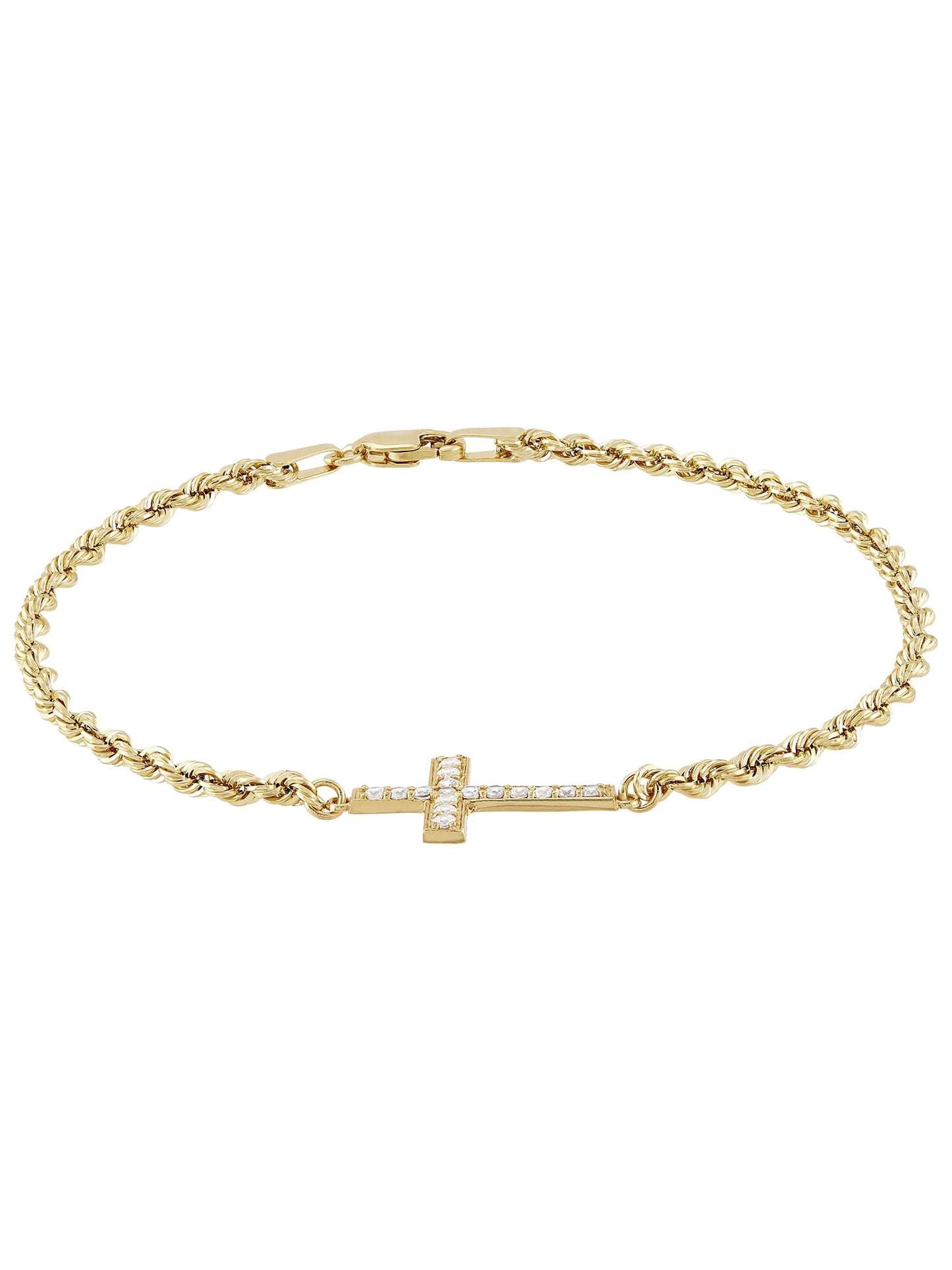 Cubic Zirconia Cross Rope Bracelet in 10K Yellow Gold, 7.5"