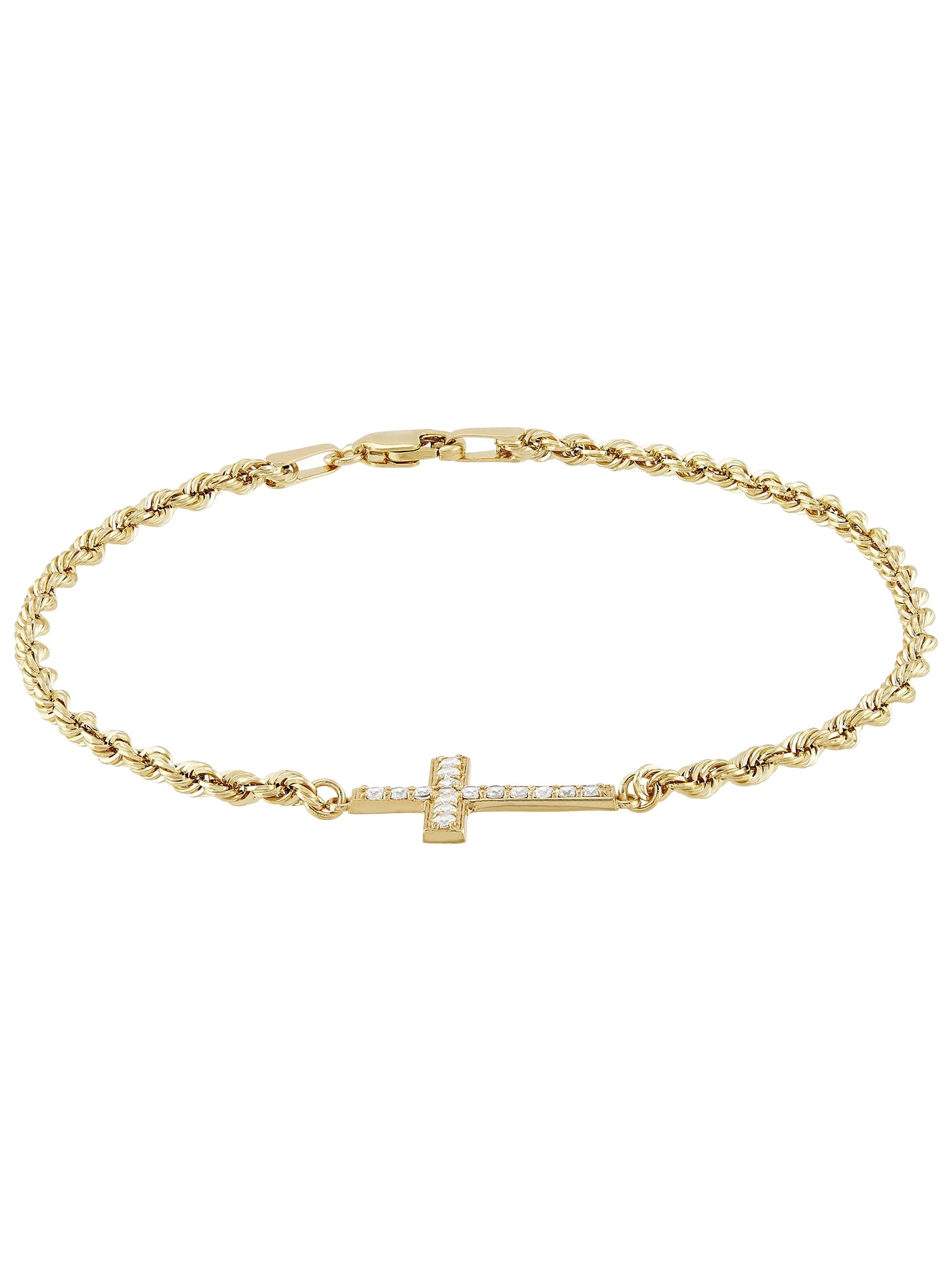 Cubic Zirconia Cross Rope Bracelet in 10K Yellow Gold, 7.5"