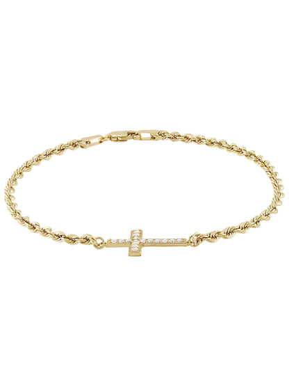 Cubic Zirconia Cross Rope Bracelet in 10K Yellow Gold, 7.5"