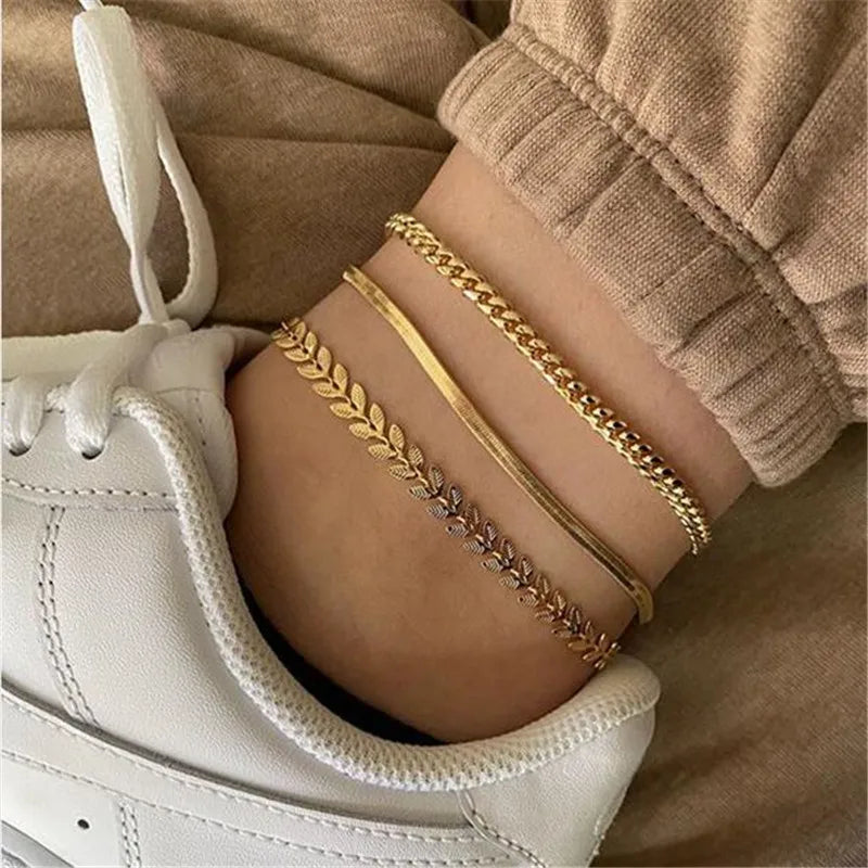 3Pcs/Set Gold Color Simple Chain Anklets for Women Beach Foot Jewelry Leg Chain Ankle Bracelets Women Accessories
