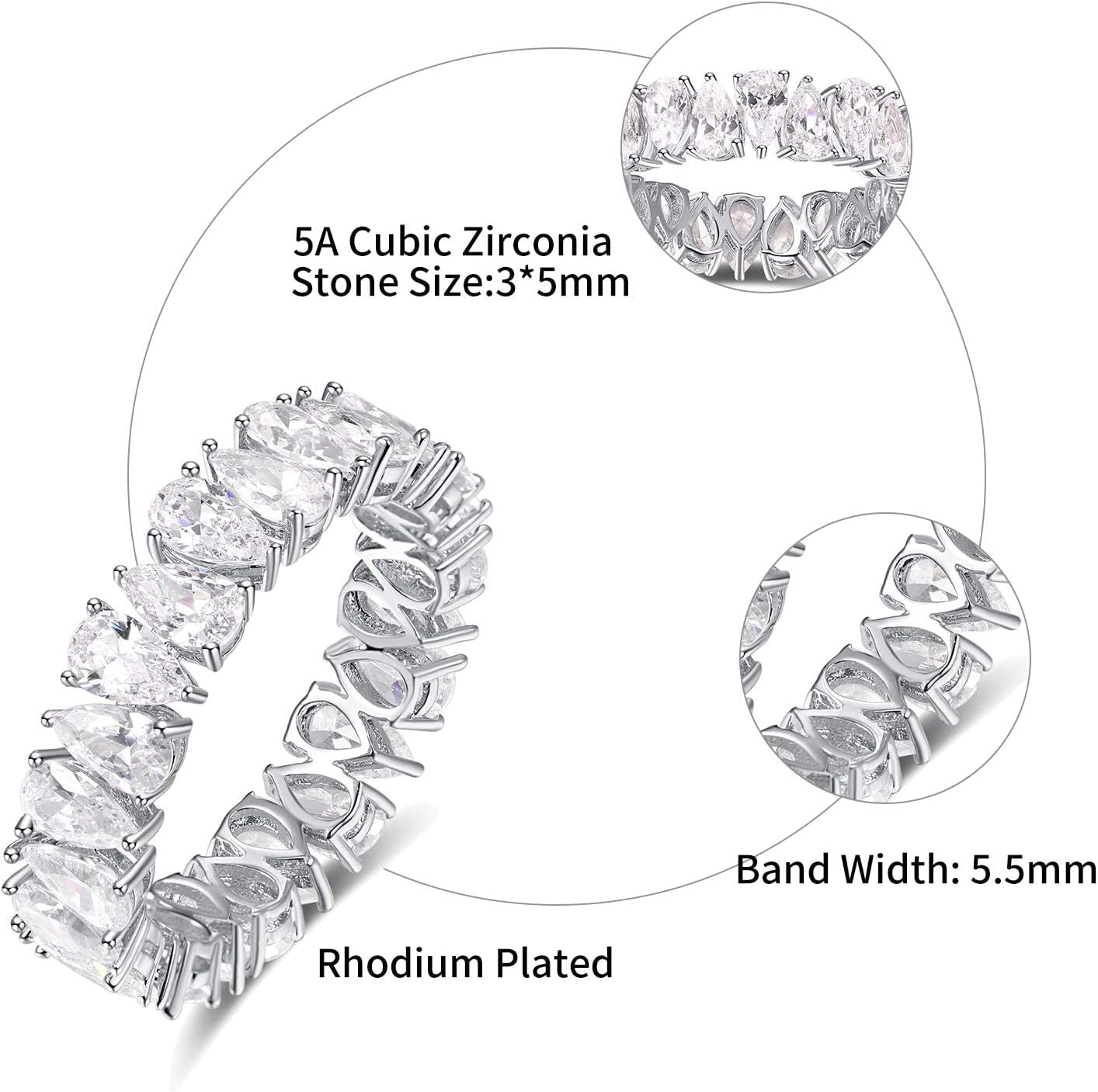Eternity Rings Band for Women 925 Sterling Silver Stacking Rings Pear Cut White Cubic Zirconia Wedding Ring Size 5-9