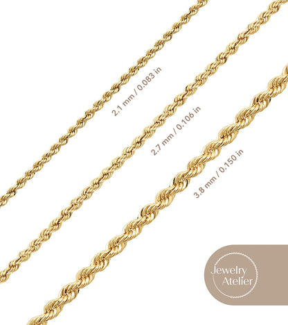 Gold Chain Necklace Collection - 14K Solid Yellow Gold Filled Rope Chain Necklaces for Women and Men with Different Sizes (2.1Mm, 2.7Mm, or 3.8Mm)