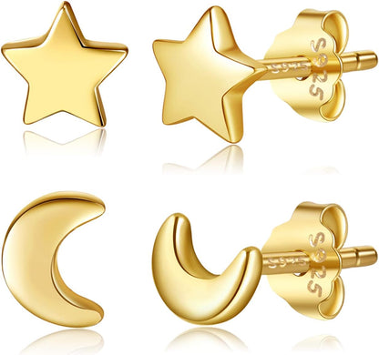 Solid Real 925 Sterling Silver Satr Moon Stud Earrings | Dainty Celestial Stud Earrings | Tiny Cartilage Earrings for Women