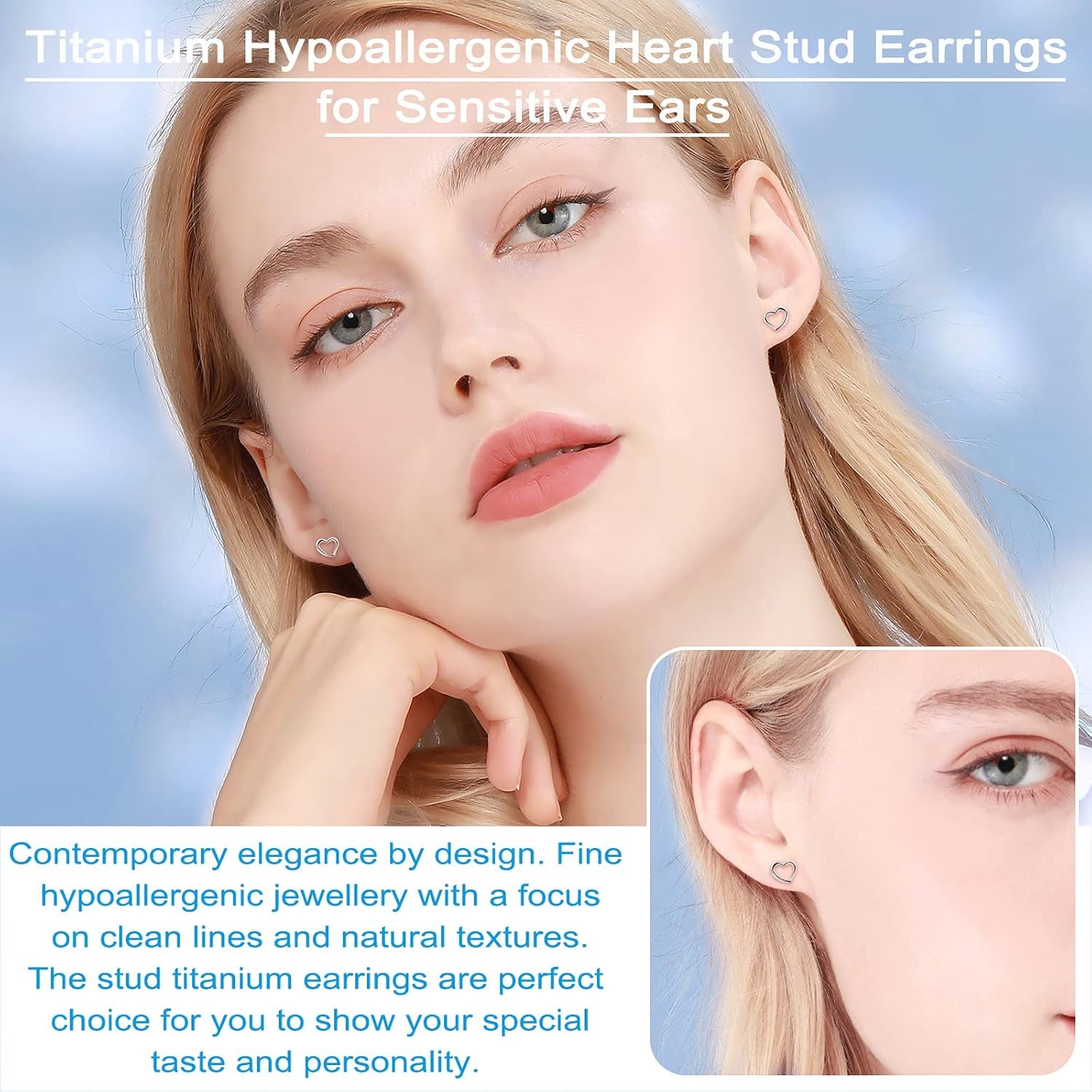 Titanium Earrings, Hypoallergenic Stud Earrings for Women Men Sensitive Ears Star/Moon/Lightning Bolt/Open Heart Premium High Polished (Shiny Grey)