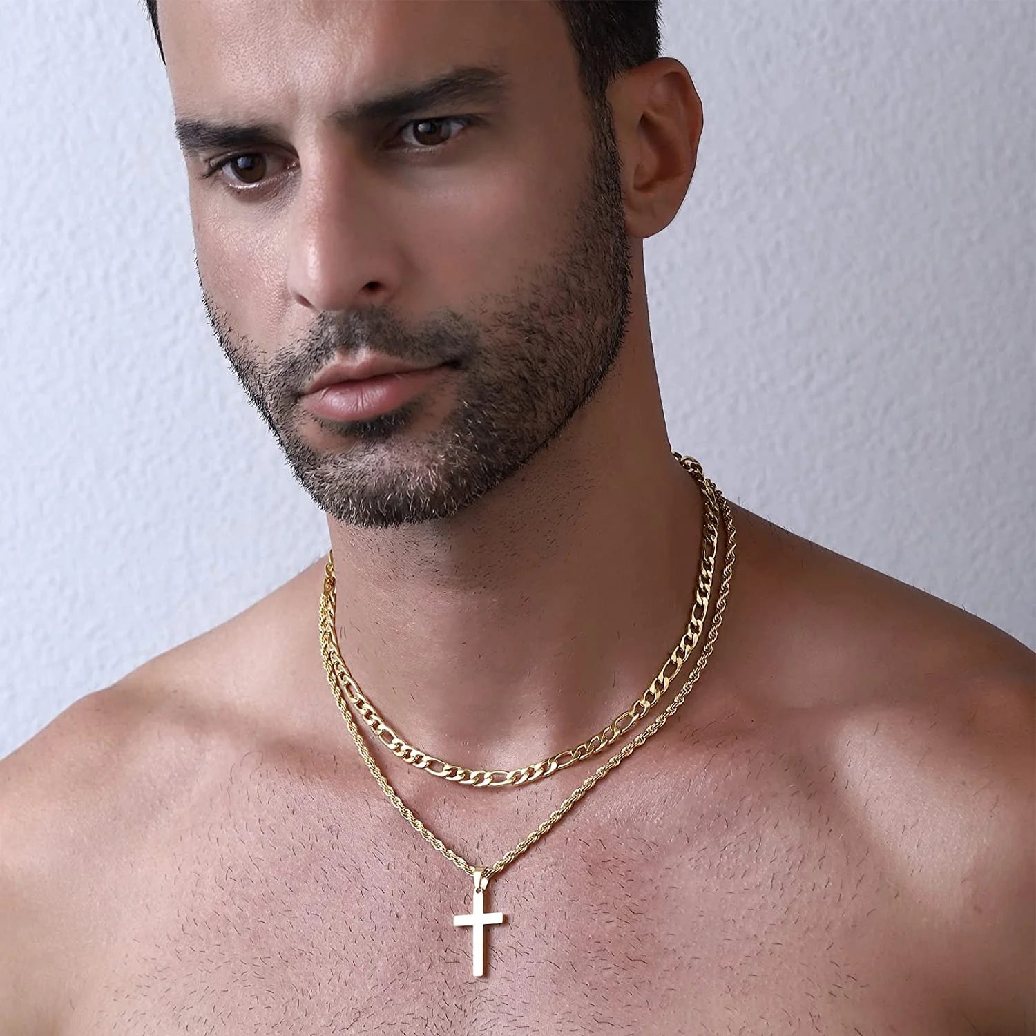 Layered Gold Cross Necklaces for Men Boys Stainless Steel Figaro Twist Rope Pendant Chain Necklaces Set Graduation Christian Religious Birthday Jewelry Gifts Ideas Dad Son Teen Teenage Kids