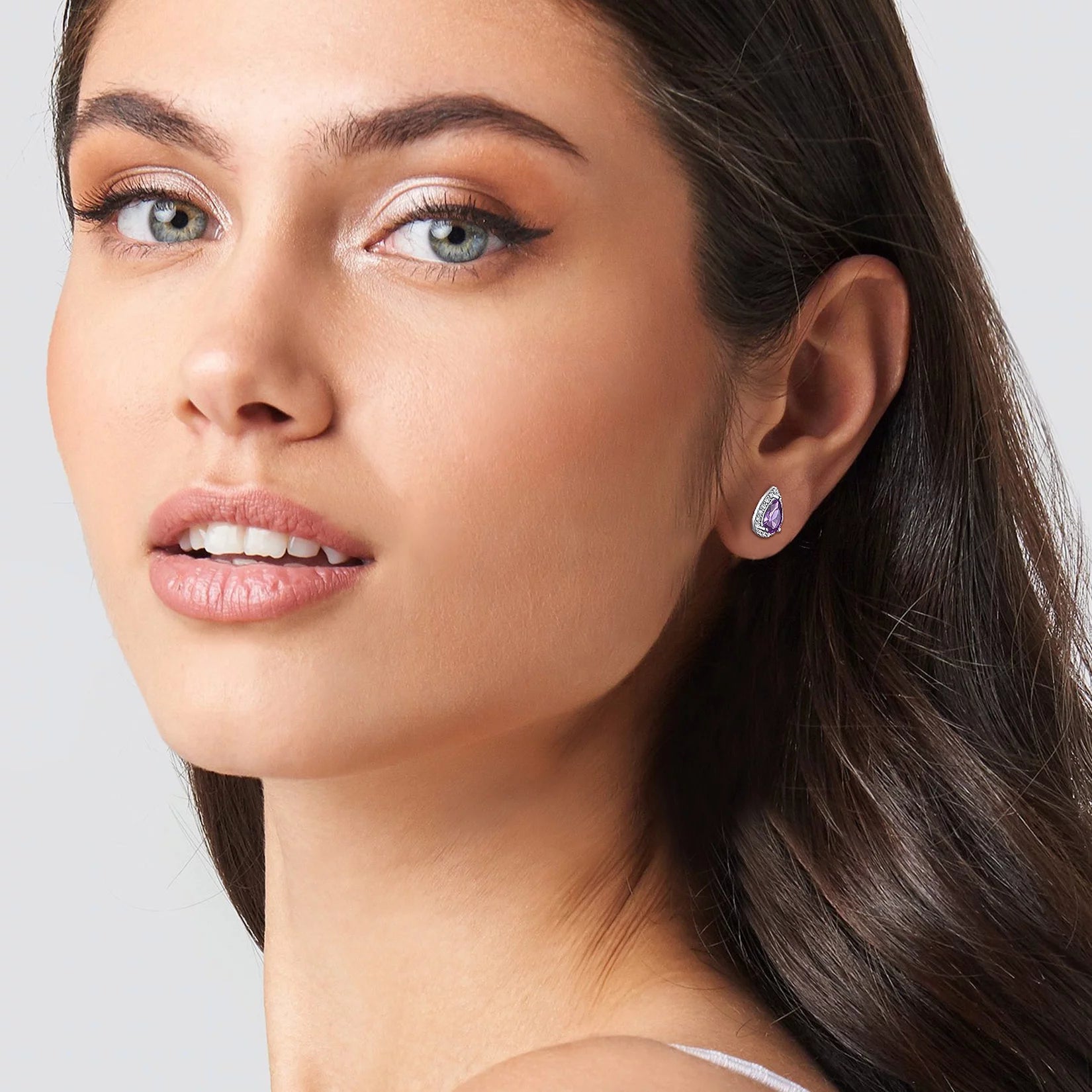 925 Sterling Silver Birthstone Stud Earrings for Women, Sparking February Teardrop Cut Diamond Earrings for Sensitive Ears