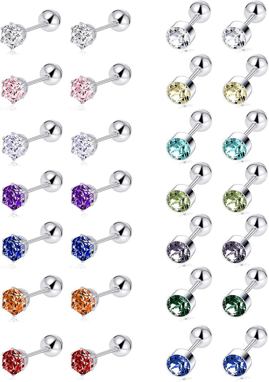 7-14 Pairs Stainless Steel CZ Stud Earrings for Women Multicolor Cubic Zirconia Cartilage Helix Earrings Set Screwback 4MM