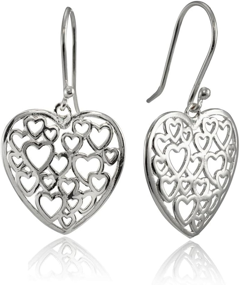 925 Sterling Silver Open Heart Filigree 34Mm Dangle Hook Earrings for Women, Silver, Yellow Gold & Rose Gold