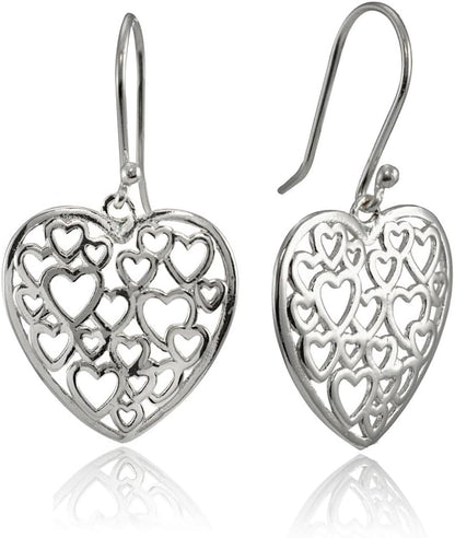 925 Sterling Silver Open Heart Filigree 34Mm Dangle Hook Earrings for Women, Silver, Yellow Gold & Rose Gold