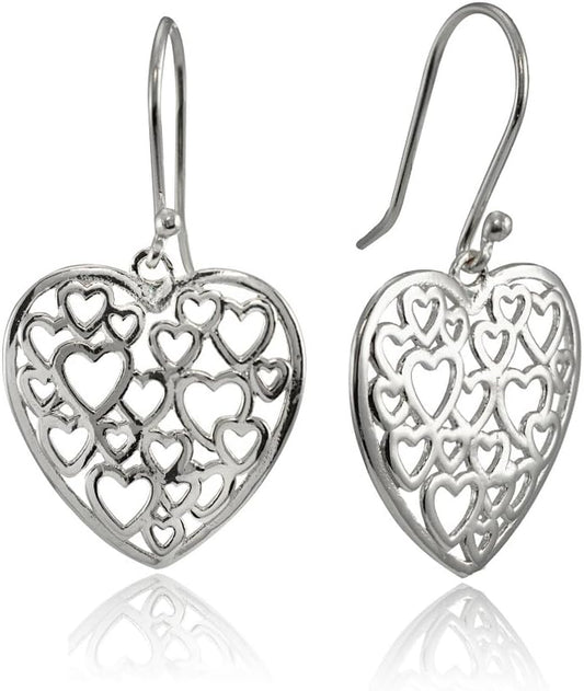 925 Sterling Silver Open Heart Filigree 34Mm Dangle Hook Earrings for Women, Silver, Yellow Gold & Rose Gold