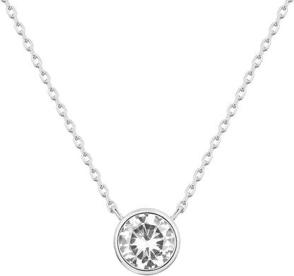 14K Gold Plated Circle CZ Solitaire Necklace | Elegant Bezel Pendant | Dainty Cubic Zirconia Halo Choker Necklaces for Women