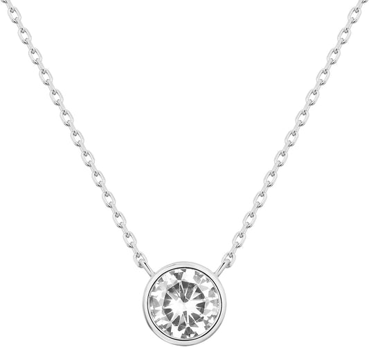 14K Gold Plated Circle CZ Solitaire Necklace | Elegant Bezel Pendant | Dainty Cubic Zirconia Halo Choker Necklaces for Women