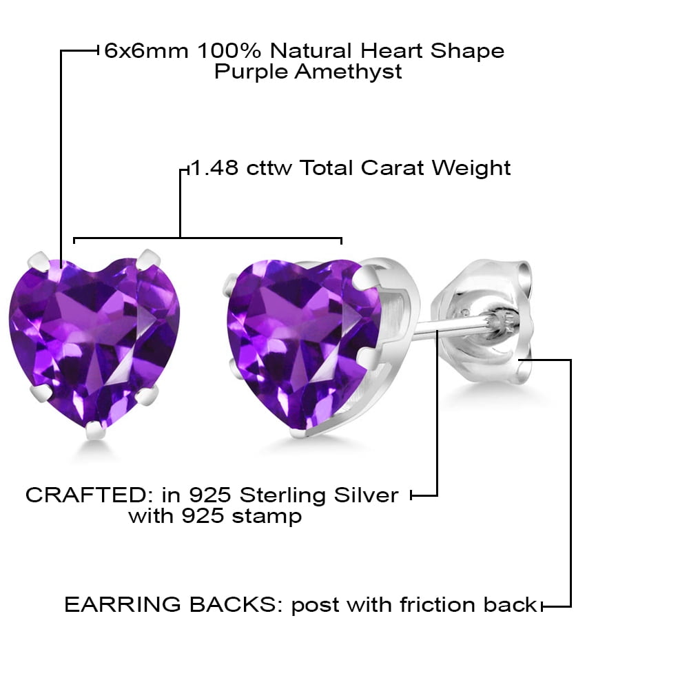 925 Sterling Silver Purple Amethyst Stud Earrings for Women Men (1.48 Cttw, Gemstone Birthstone, Heart Shape 6MM)