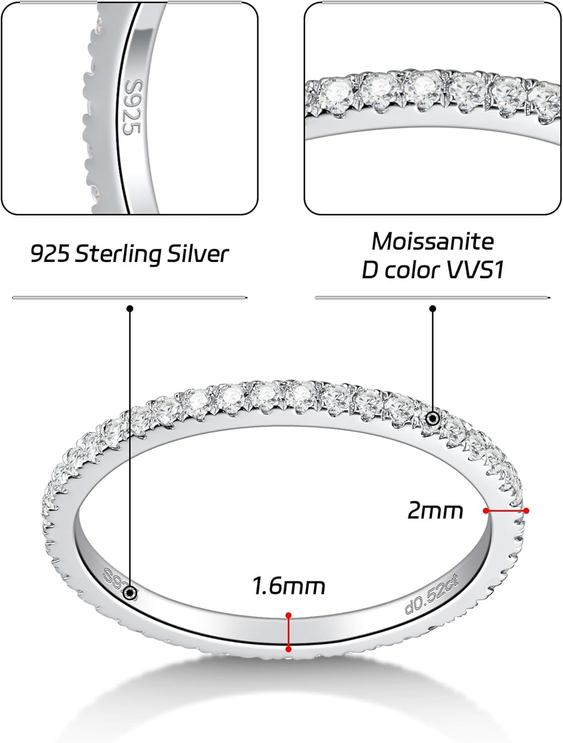 Moissanite Wedding Band Full Eternity Rings for Women Sterling Silver Stackable Engagement Anniversary Band Size 4-11