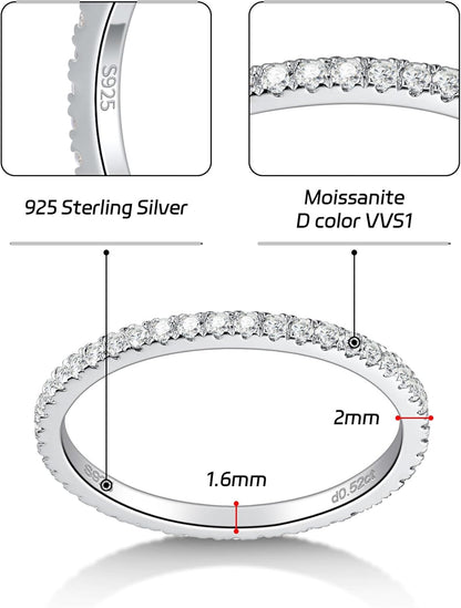 Moissanite Wedding Band Full Eternity Rings for Women Sterling Silver Stackable Engagement Anniversary Band Size 4-11
