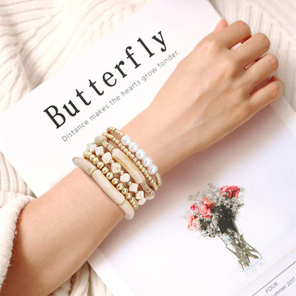 Simple Beaded Gold Bangles Bracelet Chunky Bamboo Tube Curved Stacking Clear Acrylic Colorful Beads Stretchable Gold Bracelets Set for Women
