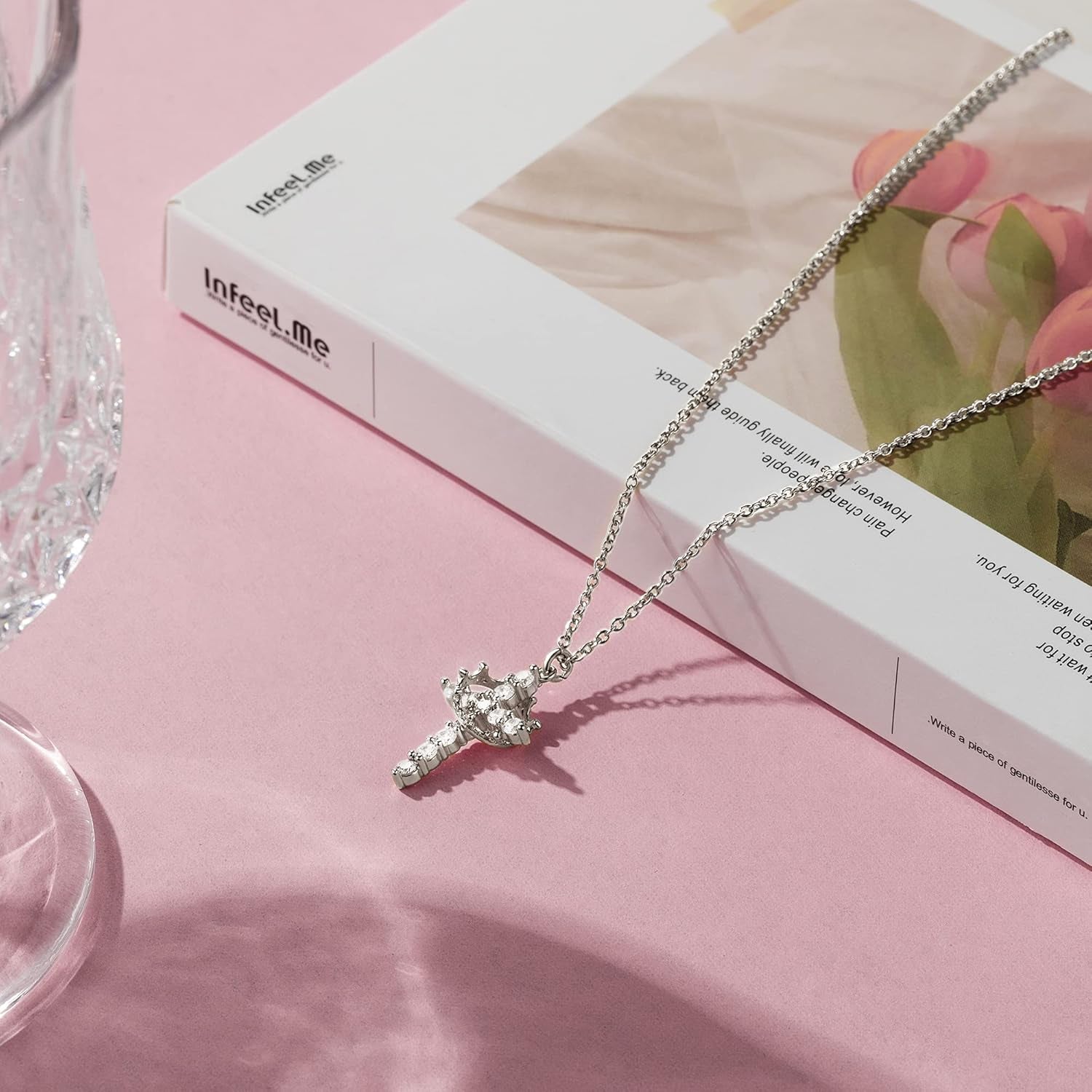 Crown Cross Necklace - Dainty Sterling Silver/14K Gold Cubic Zirconia Pendant