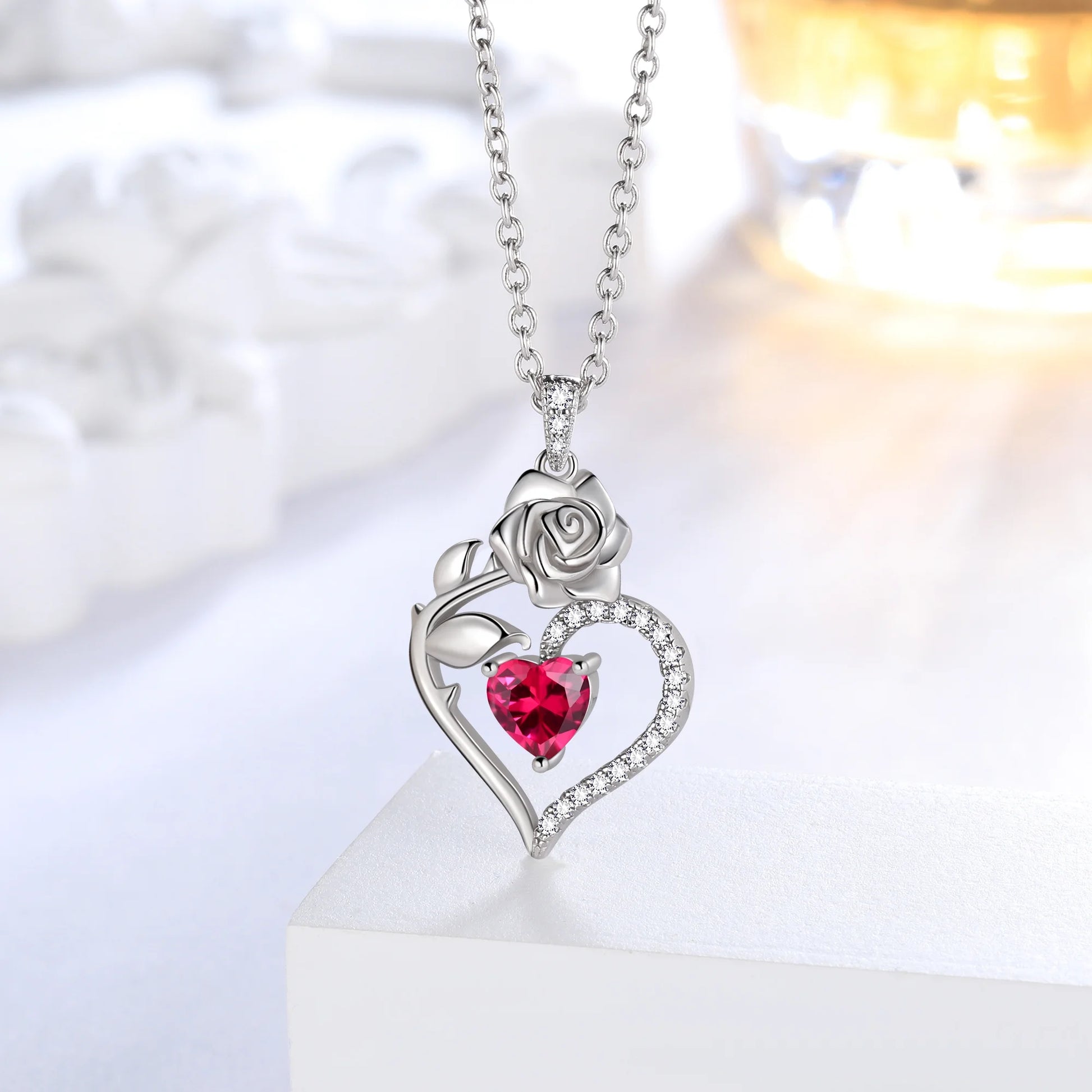 925 Sterling Silver Birthstone Necklace Rose Flower Heart Pendant Jewelry Christmas Valentines Mother'S Day Gifts for Women Mom Wife/Lover