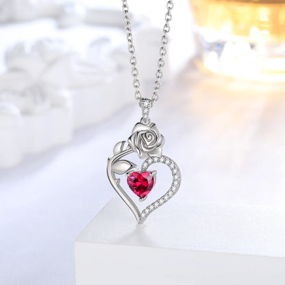 925 Sterling Silver Birthstone Necklace Rose Flower Heart Pendant Jewelry Christmas Valentines Mother'S Day Gifts for Women Mom Wife/Lover
