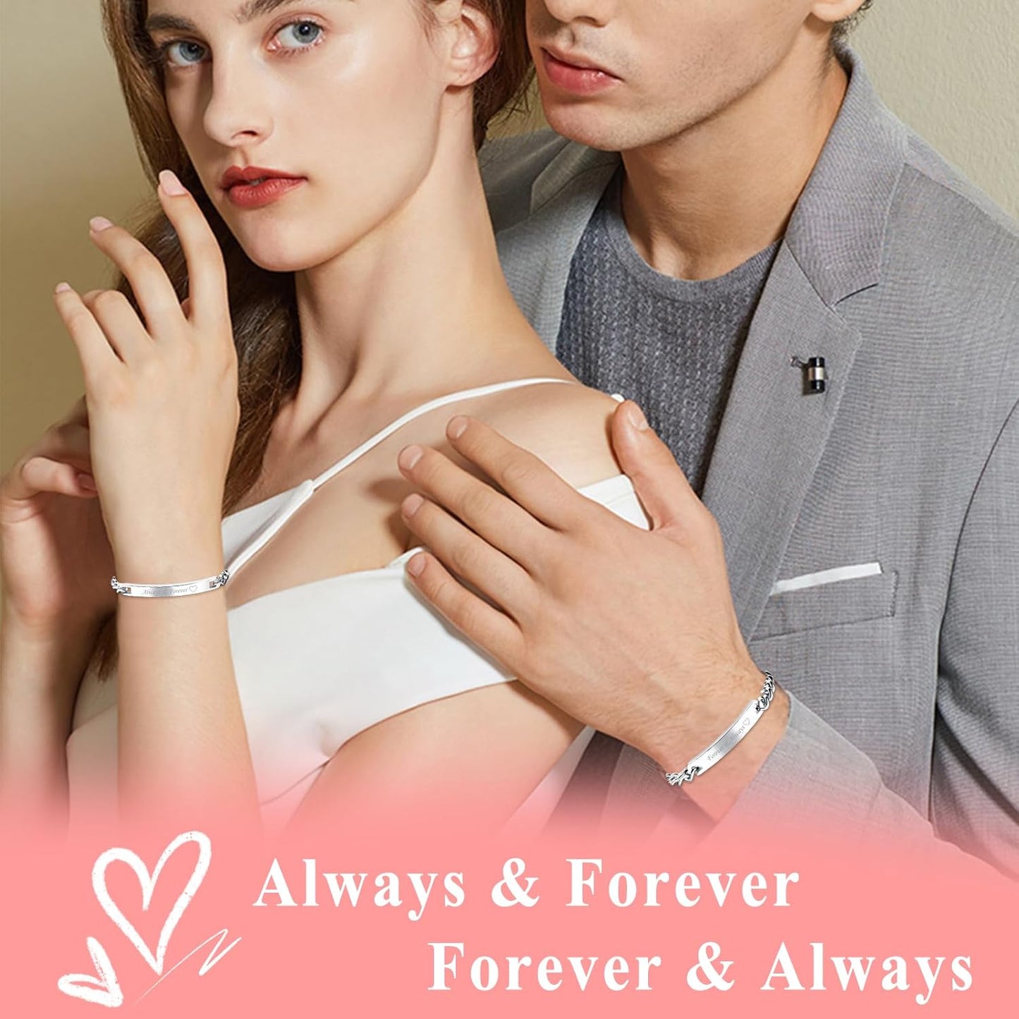 2Pcs CZ His and Hers Couple Bracelets Set, Adjustable Titanium Stainless Steel Always & Forever Forever & Always Love Matching Bracelet Link Jewelry Set