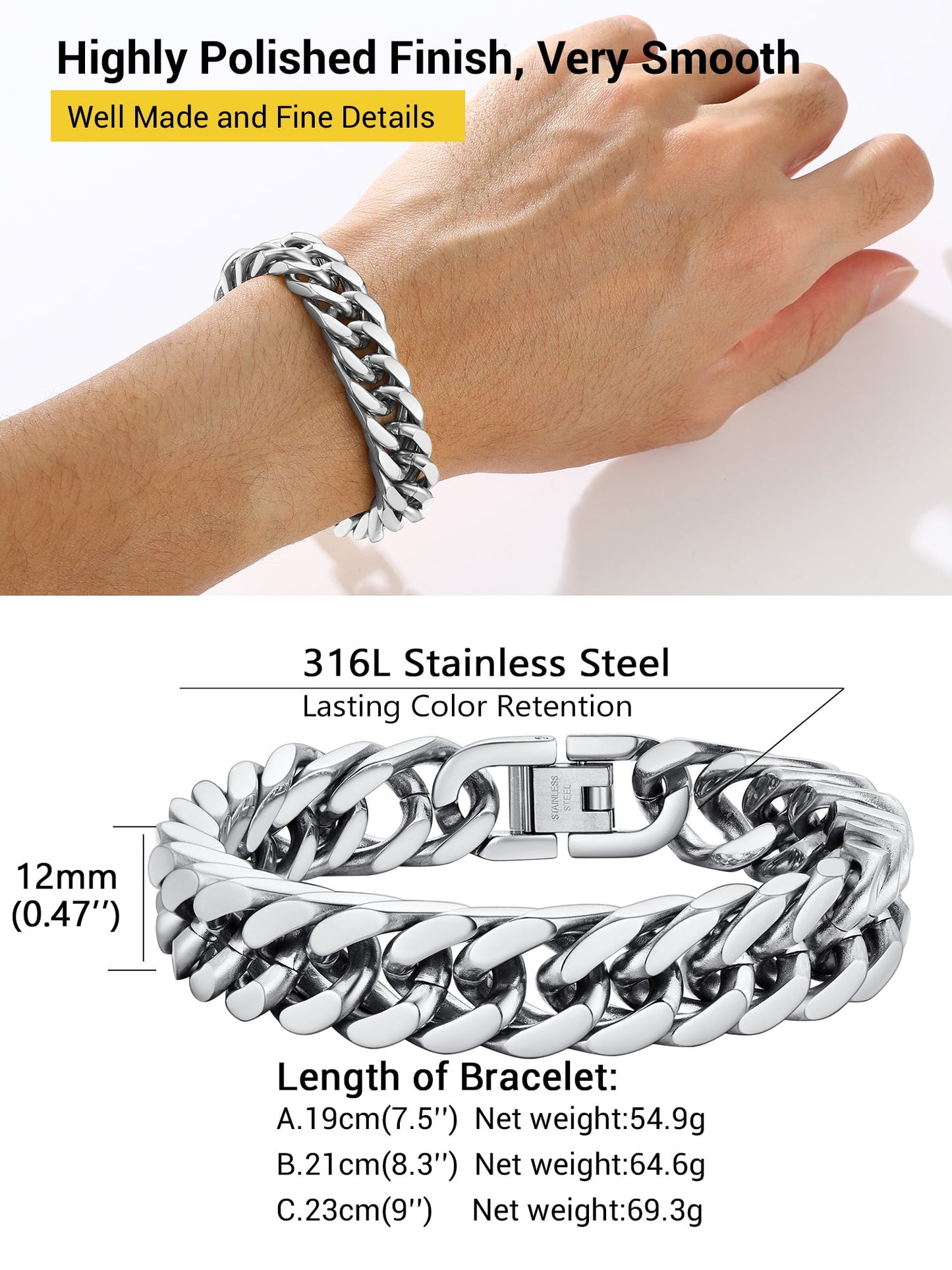 12Mm Men Silver Cuban Chains Bracelets Chunky Stainless Steel Franco Link Bracelet Father'S Day Hand Bracelet Jewelry Birthday Teen Graduation Gifts 7.5 Inch