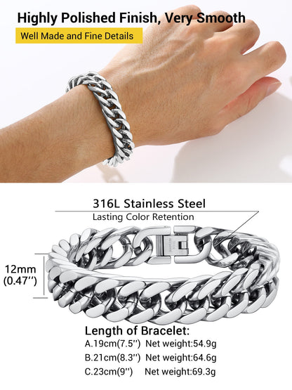 12Mm Men Silver Cuban Chains Bracelets Chunky Stainless Steel Franco Link Bracelet Father'S Day Hand Bracelet Jewelry Birthday Teen Graduation Gifts 7.5 Inch