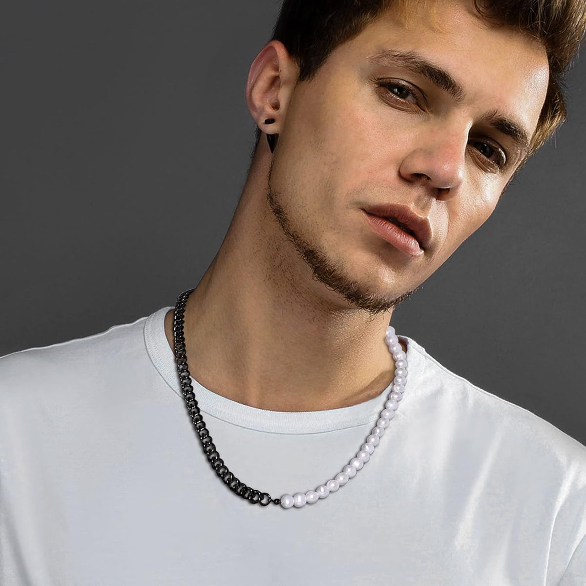 Pearl Necklaces for Men Women, Freshwater Cultured Pearl Strand, Faux Pearl, Baroque Pearl Necklace, Half Pearl Half Chain Necklace, Color White or Black Pearl Chokers