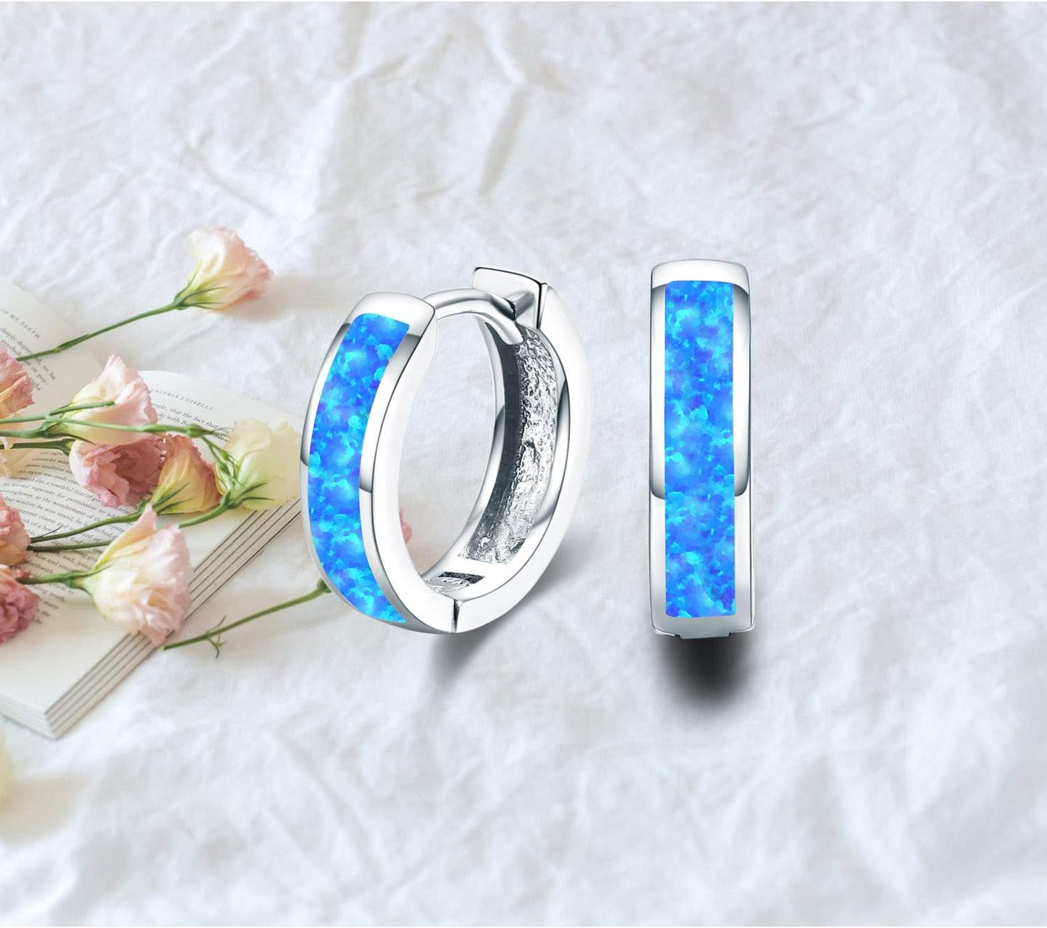 Hoop Earrings for Women Opal Hoop Earrings Hinged Huggie Earrings 925 Sterling Silver Hypoallergenic Earrings for Sensitive Ears Simulated Opal Colorful Jewelry Birthday Christmas Gift
