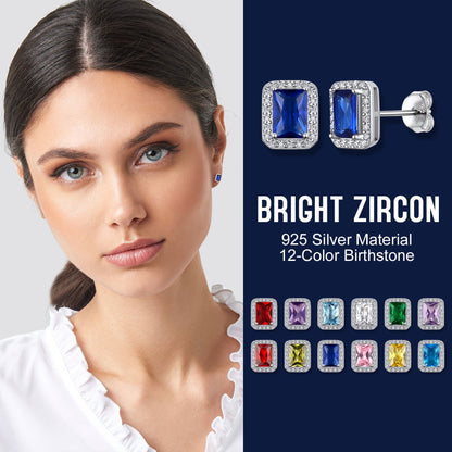 Square Diamond Stud Earrings September Sapphire Birthstone Earrings, Sterling Silver Earrings Birthday Jewelry Gift for Women
