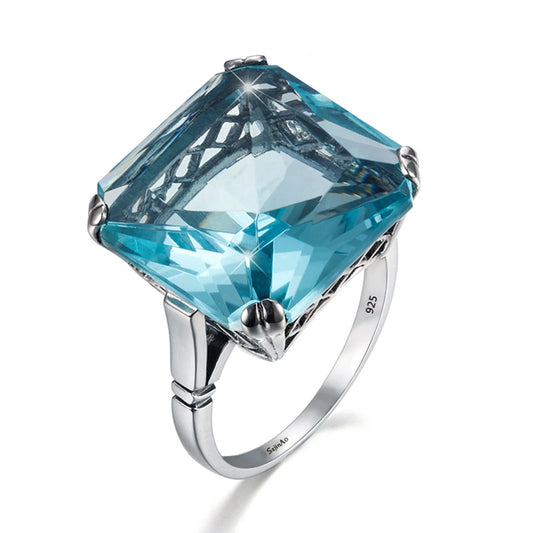 Original 925 Sterling Silver Aquamarine Gemstone Ring for Women Vintage Sparkling Birthstone Square Big Stone Jewelry Handmade