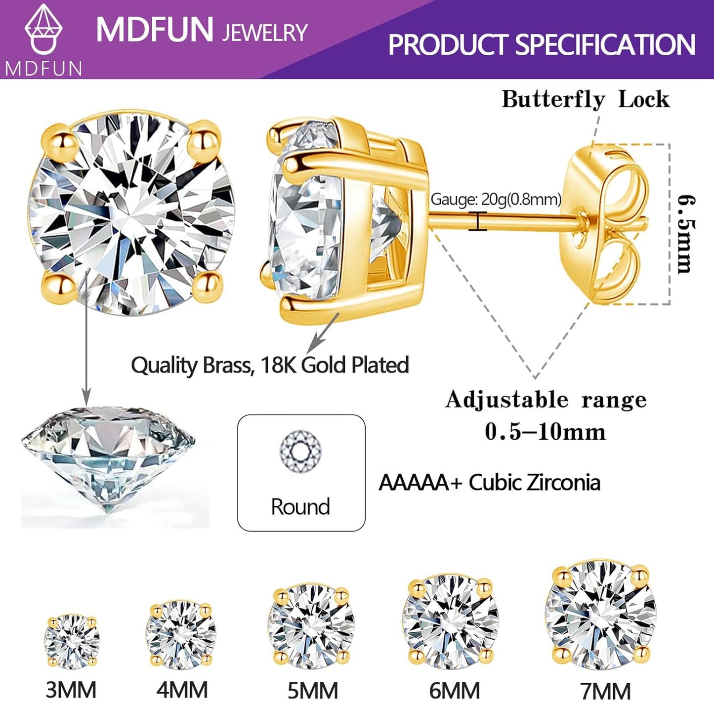 5 Pairs Stud Earrings Sets 3-7MM 18K Gold Plated Round/Cushion/Asscher/Emerald Cut Cubic Zirconia Earring Hypoallergenic Stud Earrings for Women Men